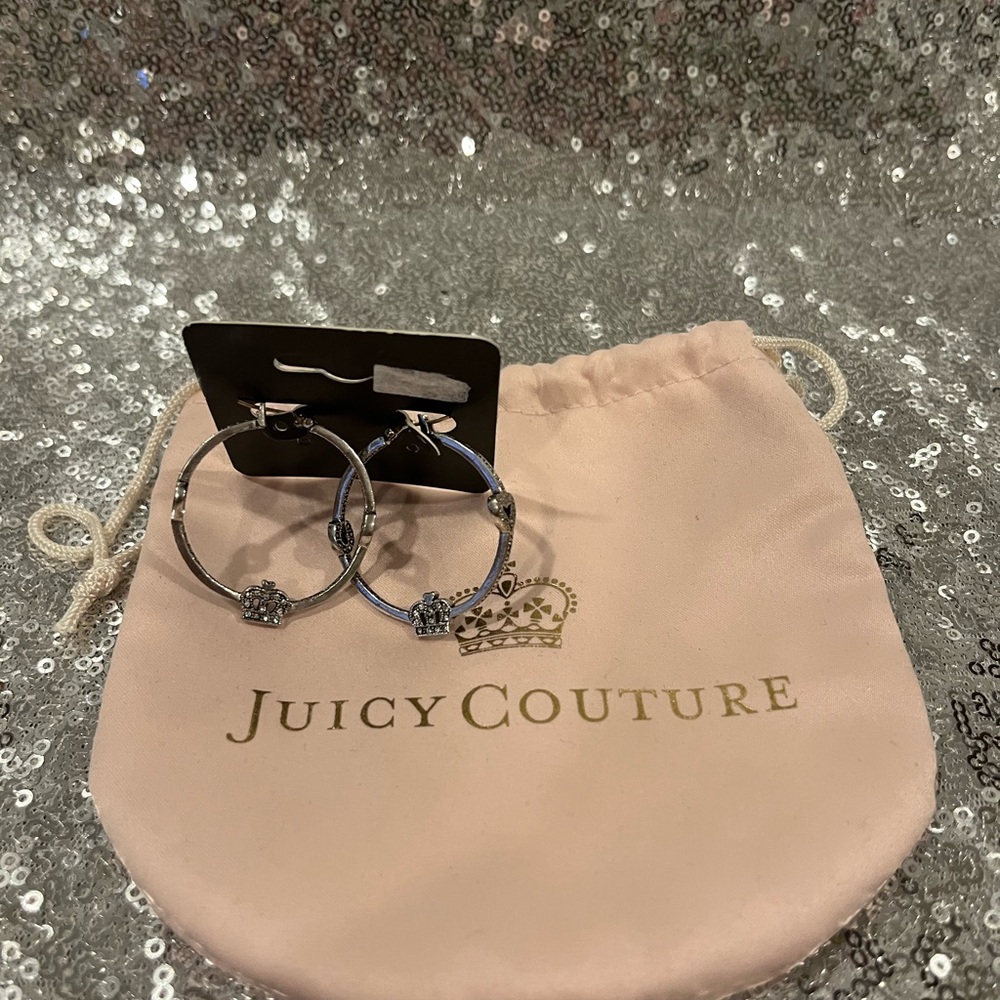 Juicy Couture Silver Horse Shoe & Crown Hoop Earrings with Pink Pouch
